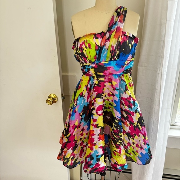 Anthropologie Minuet Multicolor One Shoulder 100% Silk Cocktail Dress - Picture 2 of 12